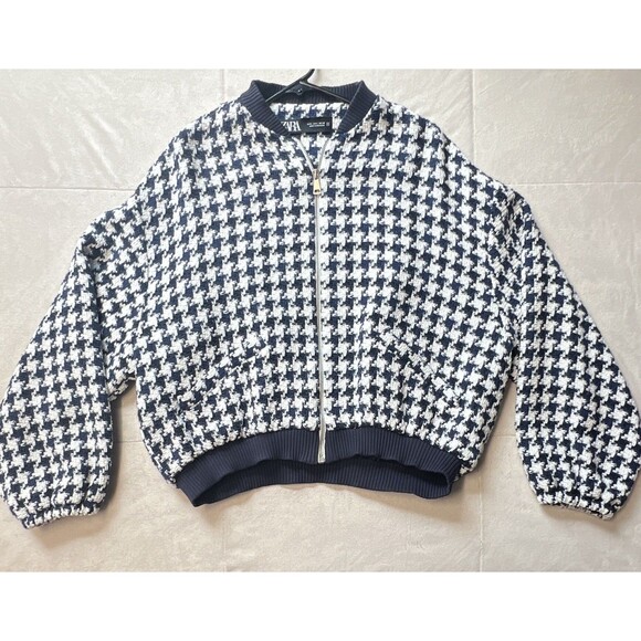 Zara Jackets & Blazers - ZARA Women’s Navy/White Houndstooth Bomber Jacket L Zip Front Lined
